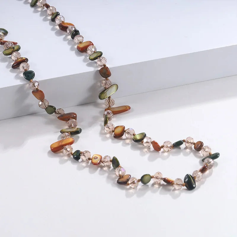 Bohemian Multicolor Irregular Natural Stone Shell Crystal Glass Beads Beaded Necklace for Women Long Strand Sweater Chain