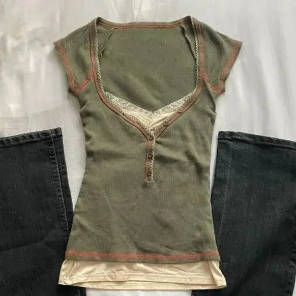 Y2k Clothes T-shirt Harajuku Korea Y2k 90s Goth Punk Vintage Crop Top Summer Fake 2Pieces Slim Lace Hot Girl Tee Emo Grunge Chic