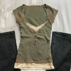 Y2k Clothes T-shirt Harajuku Korea Y2k 90s Goth Punk Vintage Crop Top Summer Fake 2Pieces Slim Lace Hot Girl Tee Emo Grunge Chic