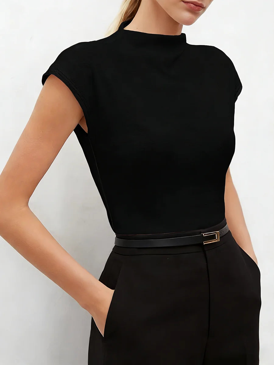 Women's High Neck Cap Sleeve Blouse Knit Fitted Top Minimalist Valentine Spring Summer Black Pants Chic Daily Lightweight Top