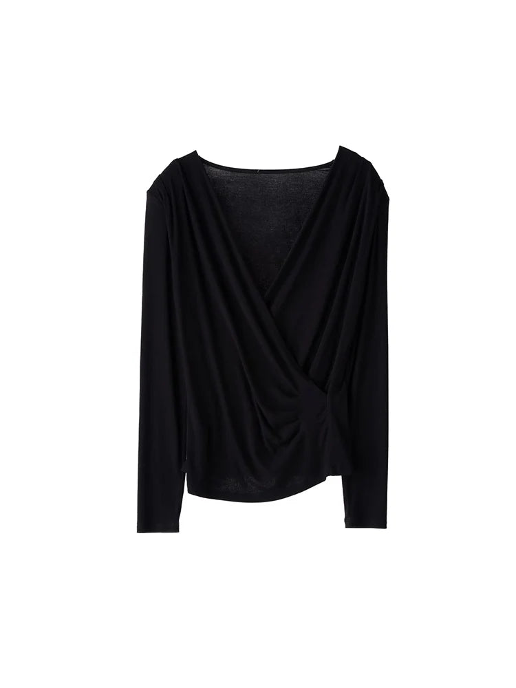 SuyaDream Women's Silk Blend T-Shirt, Wrapped V Neck, Long Sleeved, Ribs Knitted Basic Tee, Monochromatic, 2023 Fall, Winter