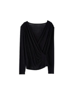 SuyaDream Women's Silk Blend T-Shirt, Wrapped V Neck, Long Sleeved, Ribs Knitted Basic Tee, Monochromatic, 2023 Fall, Winter