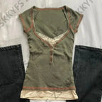 Y2k Clothes T-shirt Harajuku Korea Y2k 90s Goth Punk Vintage Crop Top Summer Fake 2Pieces Slim Lace Hot Girl Tee Emo Grunge Chic