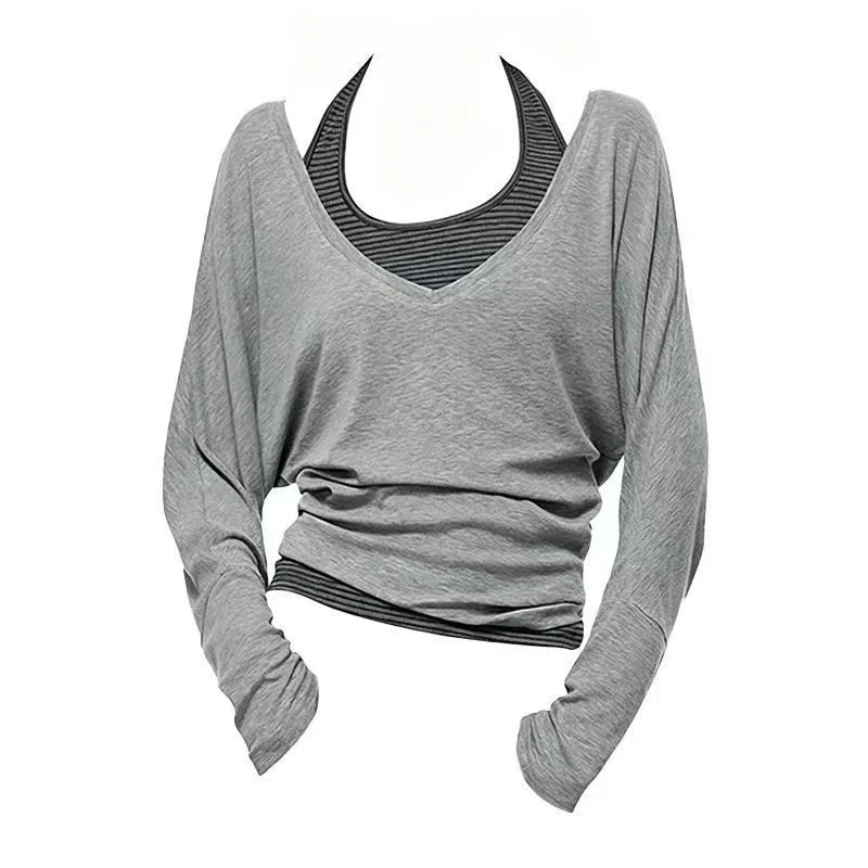 Y2K Retro T-shirt 2000s Spliced Long Sleeve Pullover Two Piece Set Women Slim Fit Japanese Blouse Korean Casual Daily Outfit