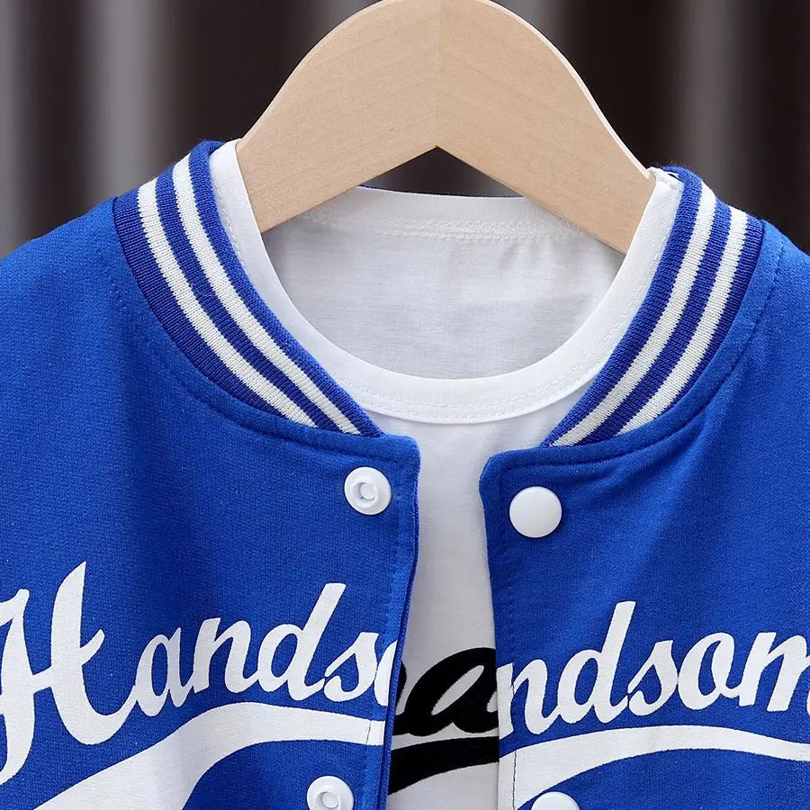 Boys' autumn letter baseball single-breasted jacket+round neck printed cotton long sleeve+striped sweatpants 3Pcs suit