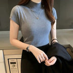 Half-High Neck T-Shirt Women's Fashion Jumper Casual Tops Korean Style Elegant Solid-Coloured Clothing Spring And Summer Season