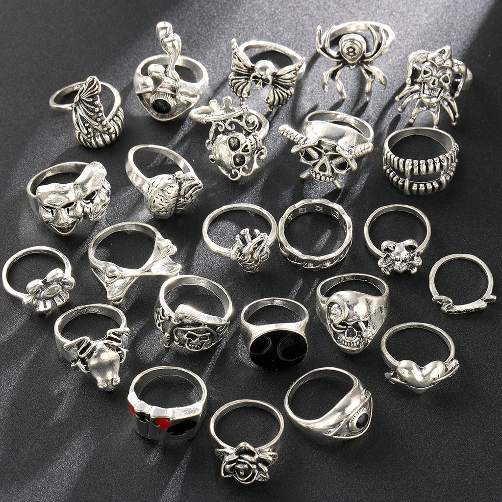 24 Pcs Gothic Skeleton Unisex Ring Set Punk Grunge Butterfly Frog Woman Man Jewelry Hip Hop Party Street Ring Accessories Gift