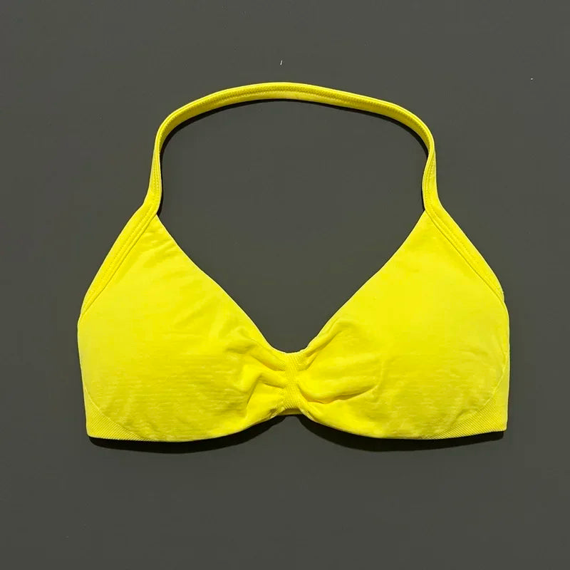 HISTELLO Sports Bra Push Up Strappy Sexy Open Back Gym Crop Top Removable Cups Women Workout Clothing Gym Top Halter Sport Bra