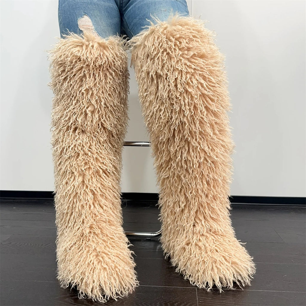 Womens Faux Mongolian Thigh Highs Faux Fur Boots Winter Warm Tall Fur boots