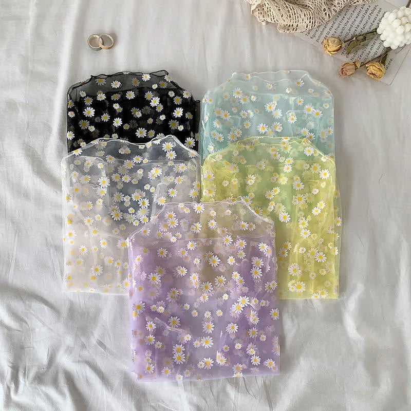 2026  Autumn Hollow Out Mesh T-Shirt Daisy Flower Pattern Crop Top sexy Transparent Long Sleeves Basic Tops For Women Lace Tops