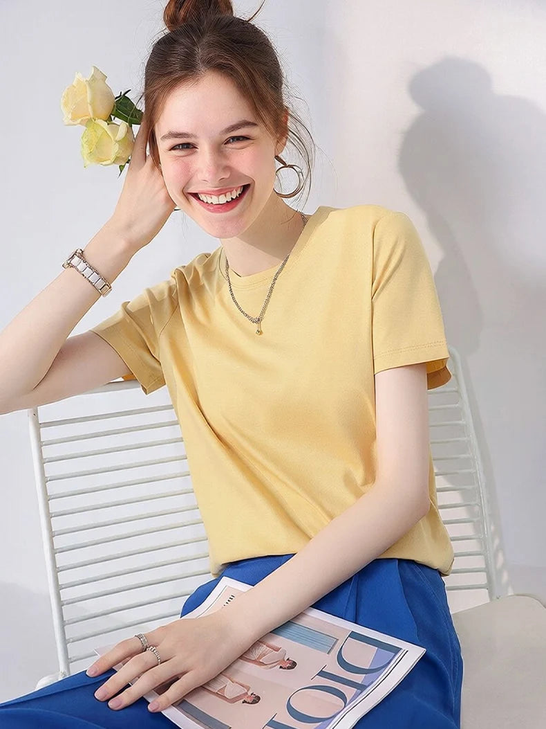 SuyaDream Women Solid T Shirts, Silk Cotton Blend, O Neck, Short Sleeved Solid Tee, 2025 Summer Candy Colors Basic Cozy Top Gree
