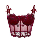 Sexy Lace Floral Embroidery Bow Corset For Women Camisole Sheer Mesh Fishbone Slim Crop Top Wired Bra Camis Festival Lingerie