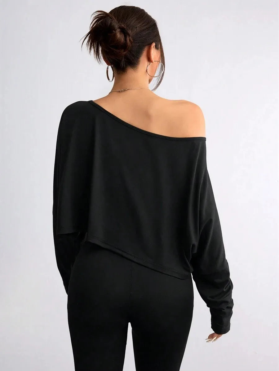 Women'S Black Long Sleeve Blouse T-shirt Casual Asymmetrical Neck Strapless Top for Sporty