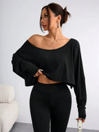 Women'S Black Long Sleeve Blouse T-shirt Casual Asymmetrical Neck Strapless Top for Sporty