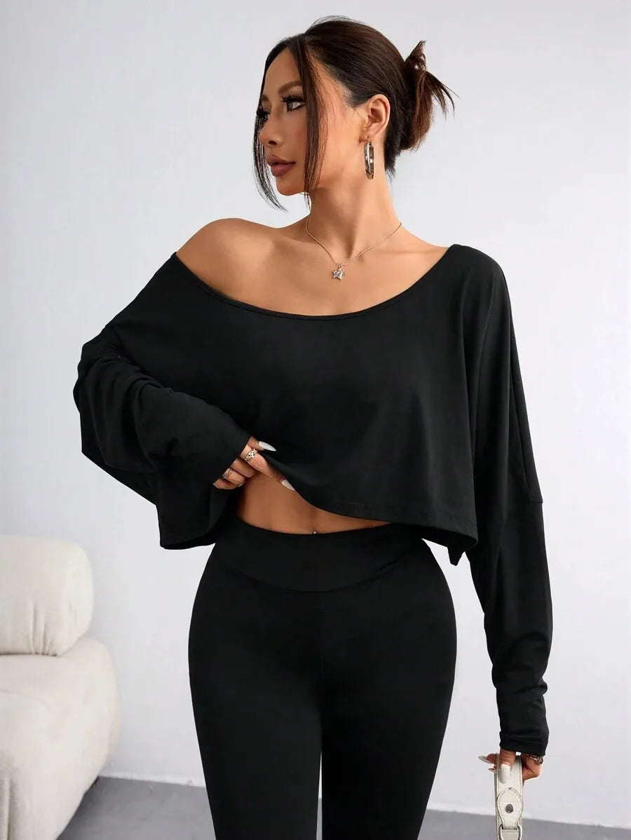 Women'S Black Long Sleeve Blouse T-shirt Casual Asymmetrical Neck Strapless Top for Sporty