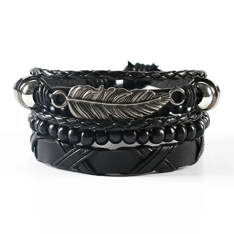Set Braided Wrap Leather Bracelets for Men Vintage Life Tree Rudder Charm Wood Beads Ethnic Tribal Wristband Rope Bracelet