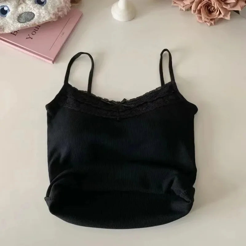 New Knitted Crop Top For Women Solid Color Lace Sling Tops Knitwear Tank Top Female Sexy Slim Camisole Sweet Short Beau Back Top