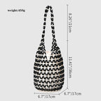 Women Woven Hand Bag Exquisite Design Hollow-out Wooden Bead Tote Bucket Shoulder Bag Female Handmade Beaded Handbag