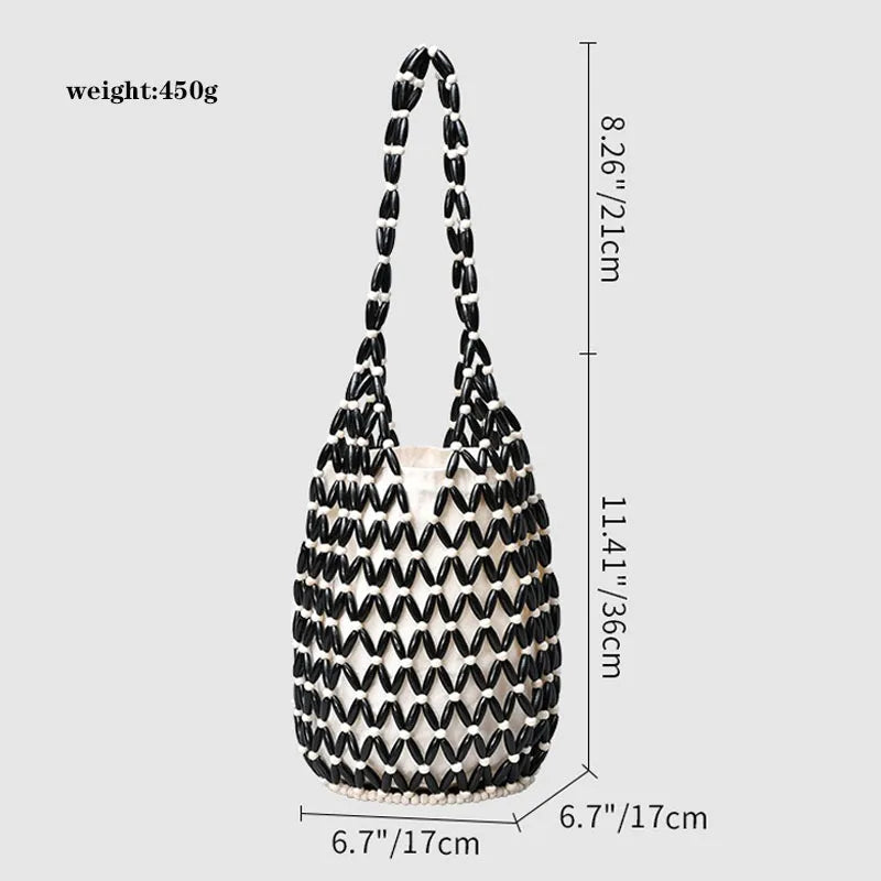 Women Woven Hand Bag Exquisite Design Hollow-out Wooden Bead Tote Bucket Shoulder Bag Female Handmade Beaded Handbag