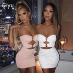Giyu Sexy Bodycon Dress Women 2026 Summer Club Party Dresses Casual Backless Bow O-ring Hollow Out Ruched Red White Mini Robe