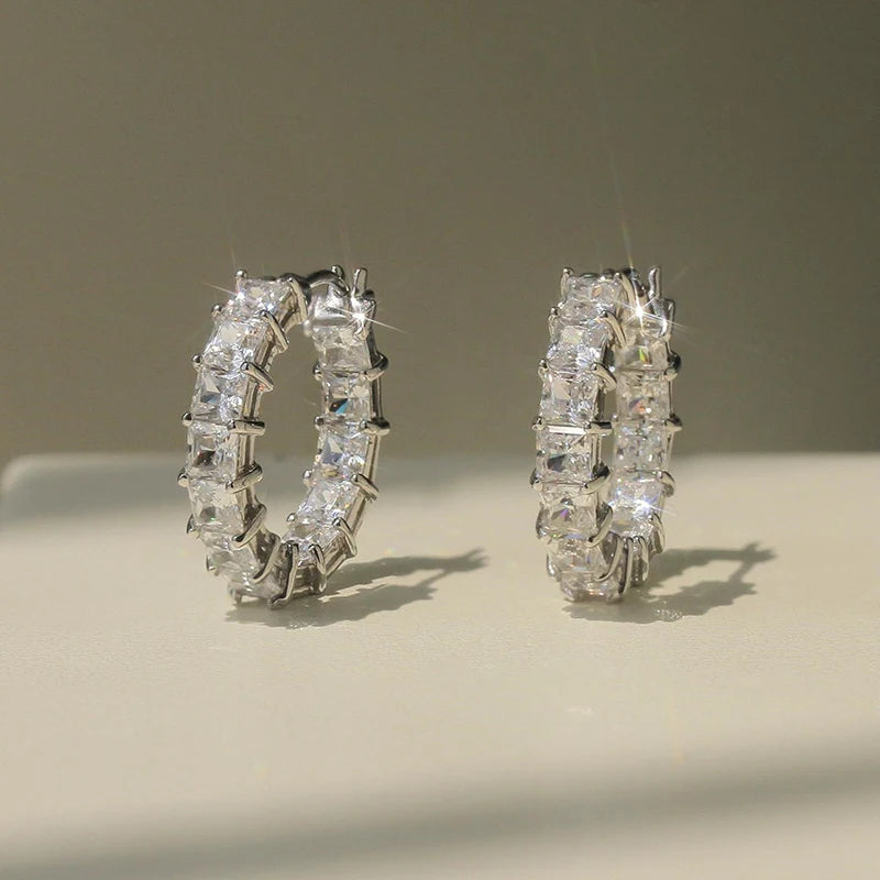 Huitan New Trendy Women Hoop Earrings Full Pave Princess Square Cubic Zirconia Fashion Contracted Female Circle Earrings Jewelry