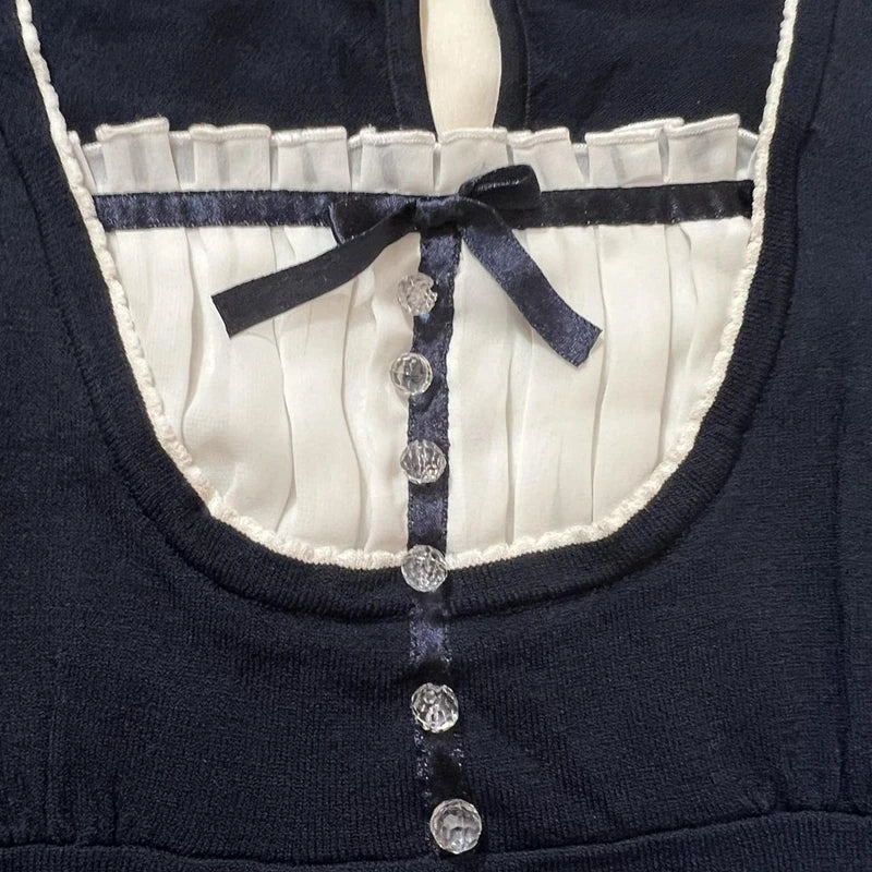 Harajuku Grunge T-shirt Women Korean Preppy Style Kawaii Bow Crop Top Vintage Patchwork Square Collare Puff Sleeve Milkmaid Top