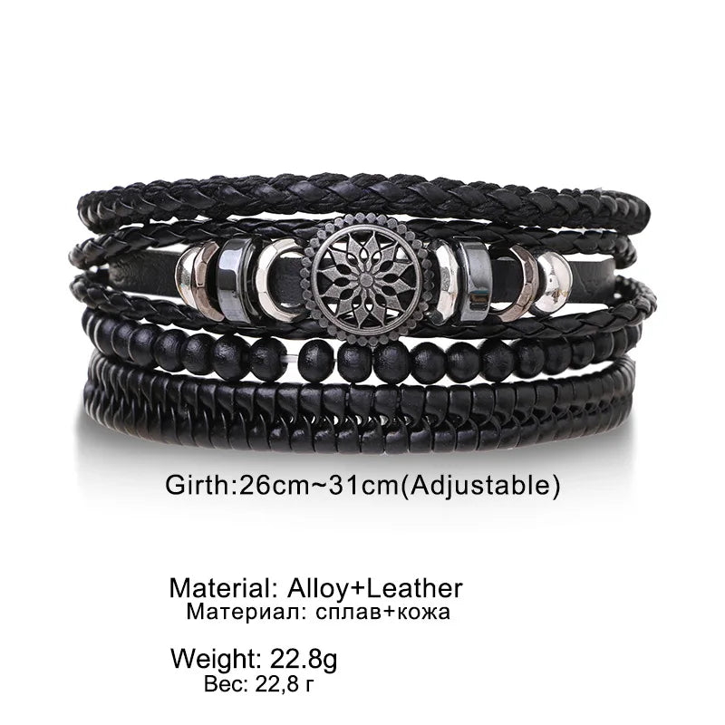 Set Braided Wrap Leather Bracelets for Men Vintage Life Tree Rudder Charm Wood Beads Ethnic Tribal Wristband Rope Bracelet