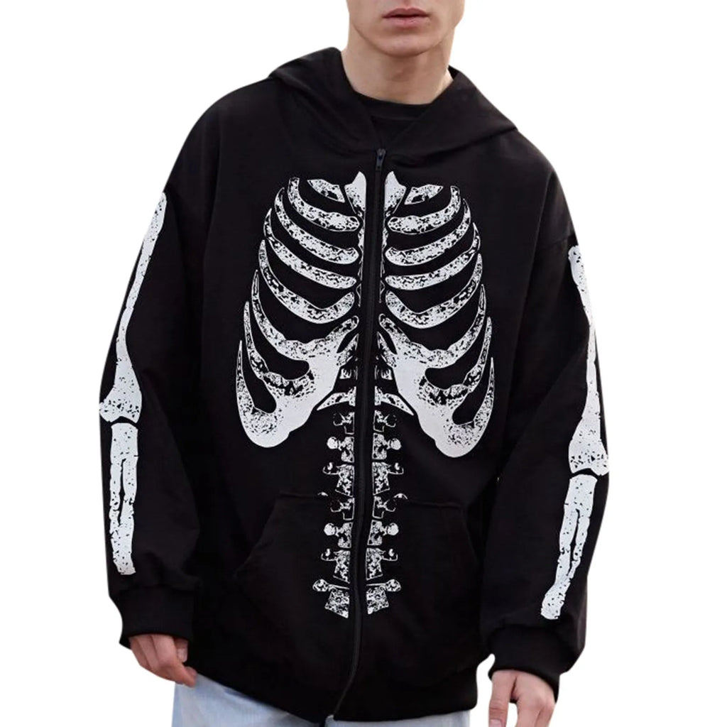Autumn Winter Men'S Dark Style Skeleton Print Hoodies Casual Long Sleeve O Neck Zipper Clothing Street Fashion Vintage Coat