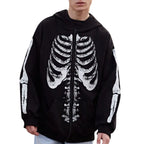 Autumn Winter Men'S Dark Style Skeleton Print Hoodies Casual Long Sleeve O Neck Zipper Clothing Street Fashion Vintage Coat