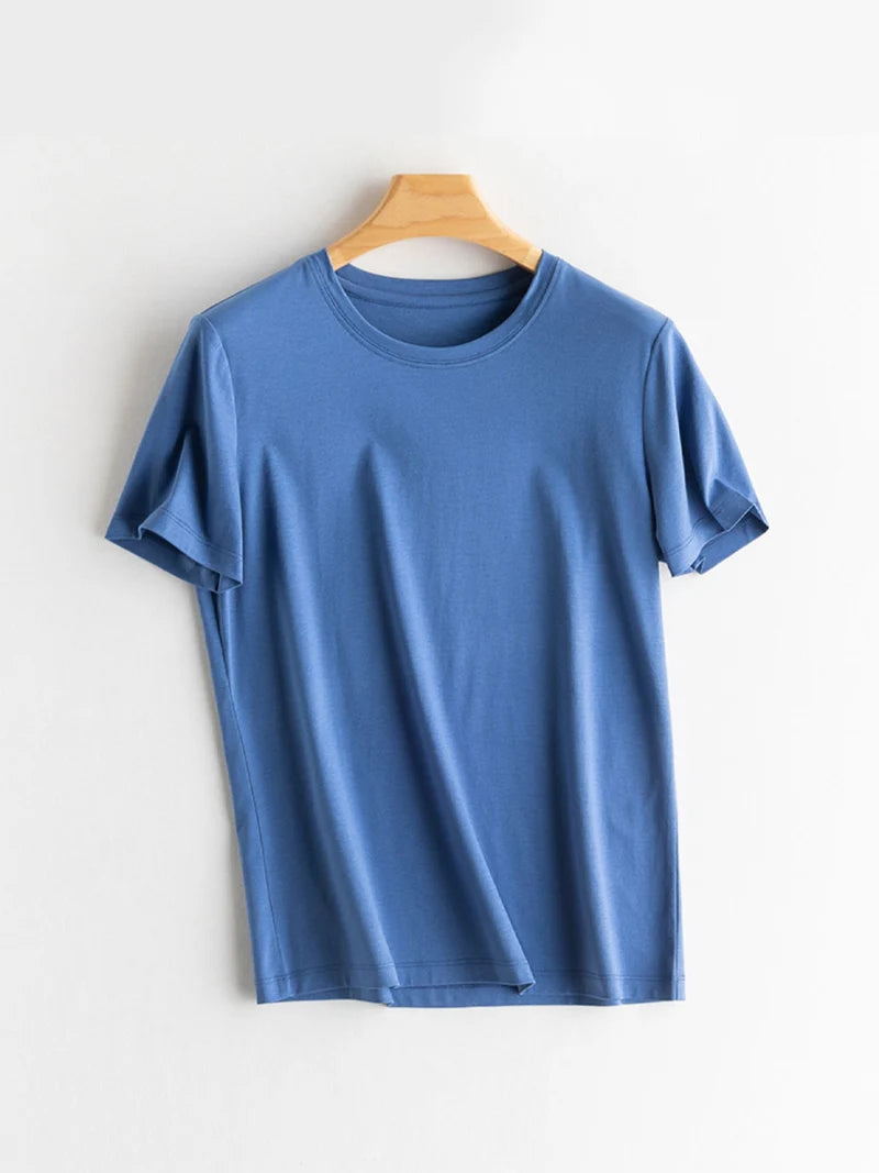 SuyaDream Women Solid T Shirts, Silk Cotton Blend, O Neck, Short Sleeved Solid Tee, 2025 Summer Candy Colors Basic Cozy Top Gree