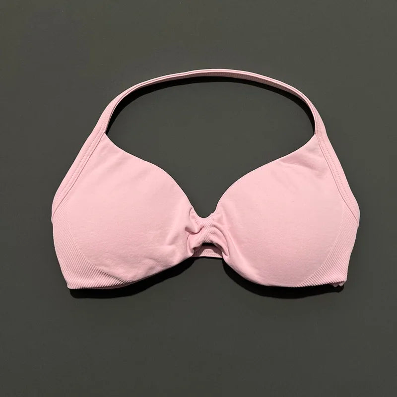 HISTELLO Sports Bra Push Up Strappy Sexy Open Back Gym Crop Top Removable Cups Women Workout Clothing Gym Top Halter Sport Bra