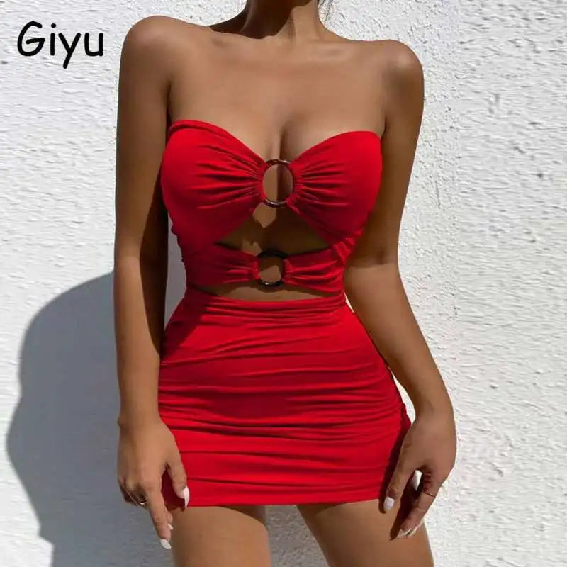 Giyu Sexy Bodycon Dress Women 2026 Summer Club Party Dresses Casual Backless Bow O-ring Hollow Out Ruched Red White Mini Robe