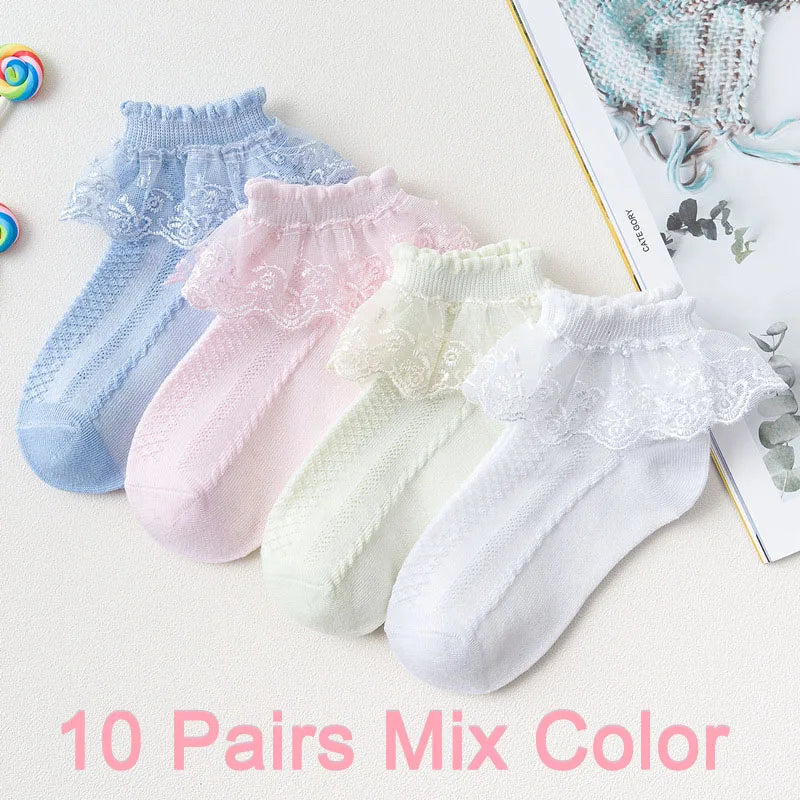 10 Pairs Girls Lace Ruffle Socks Cotton Breathable Comfy Adorable Princess-Style Kids Dance-Ready Socks with Frilly Trim