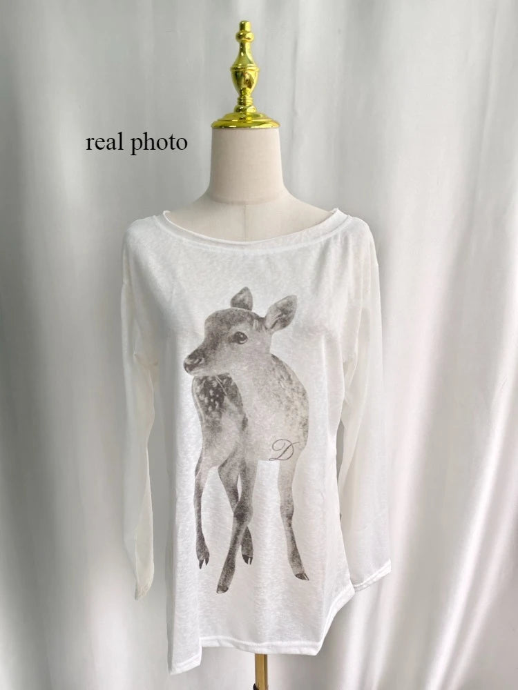 Kimotimo Summer Print Off Shoulder Long Sleeve T-shirt Women 2026 New Casual Transparent Loose Lazy Top Kpop Fashion Y2k Tees