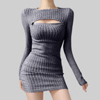 Women Bodycon Sweater Dress Y2k Korean Sexy Hollow Out Zip Up Short Dress Harajuku Female Ruched Long Sleeve Casual Vestidos