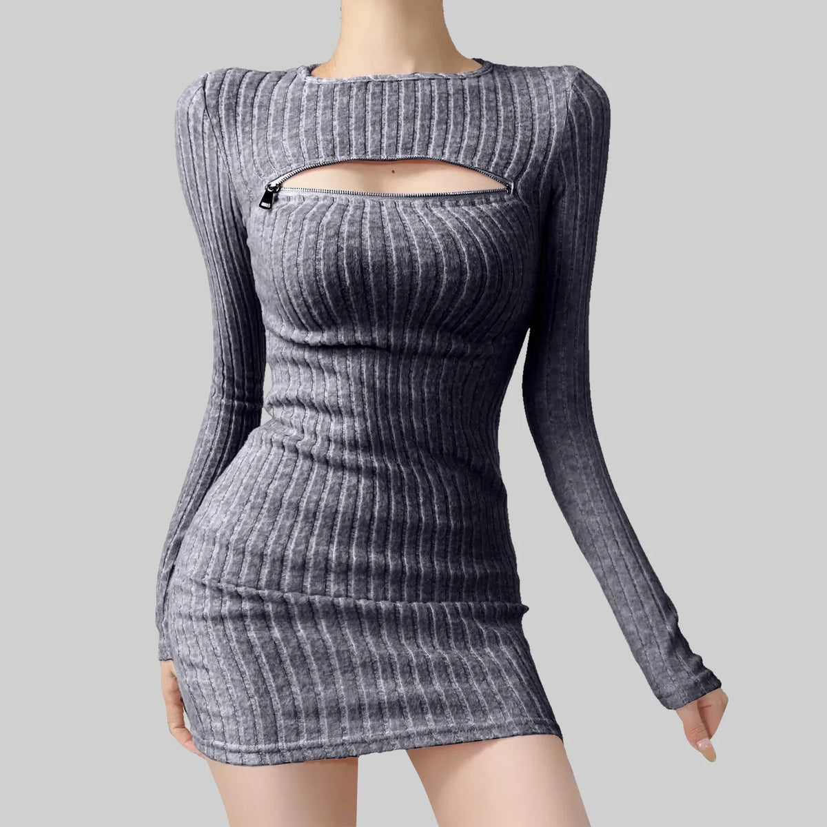 Women Bodycon Sweater Dress Y2k Korean Sexy Hollow Out Zip Up Short Dress Harajuku Female Ruched Long Sleeve Casual Vestidos