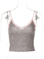 Hugcitar Leopard Print Slips Bows Patchwork Lace Sexy Slim Crop Camis Top Summer Fashion Women Y2K Outfits Festival Party