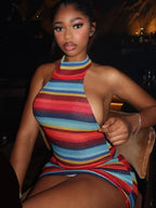 Kliou Stripe Patchwork Mini Dress Woman Bandage Halter Off Shoulder Backless Skinny Peach Hip Hot Girls Street Fashion Bodycon