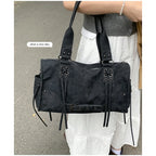 Retro Motorcycle Handbag Women Horizontal Tote Storage Tassel Design Pillow Shoulder Bag Trendy Large Capacity Soft Underarm Bag