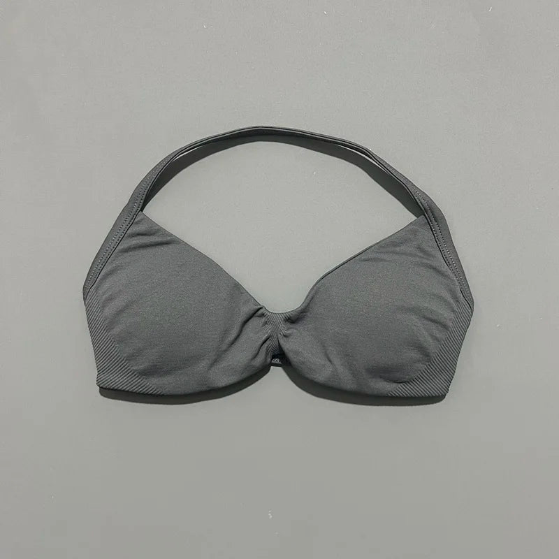 HISTELLO Sports Bra Push Up Strappy Sexy Open Back Gym Crop Top Removable Cups Women Workout Clothing Gym Top Halter Sport Bra
