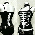Y2K Gothic Alt Sleeveless Crop Top Vintage Grunge Skeleton Front Back Graphic Slim Women Skeleton Ribcage Spine Cami Tank Tops