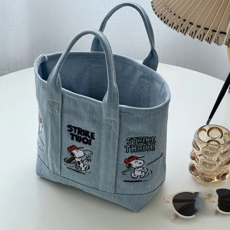 Snoopy Embroidered Canvas Tote Bag Japanese Style Cute Casual Handbag for Women Lunch Bag Office Work Commuting