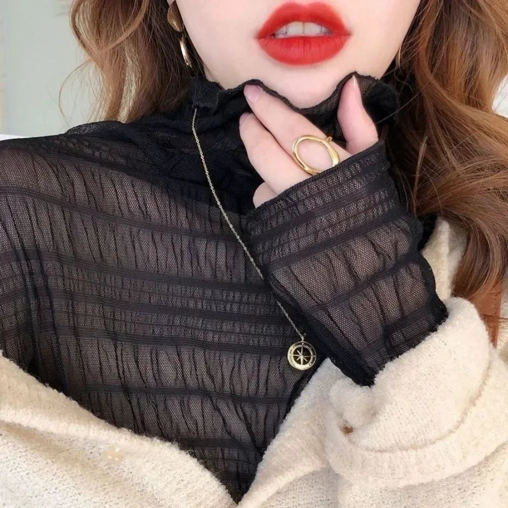 Sexy Women Mesh T-Shirts Transparent Lace Blouse Long Sleeve See Through Tops For Women O Neck Sheer Tees Body Crop Top
