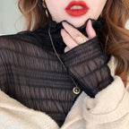 Sexy Women Mesh T-Shirts Transparent Lace Blouse Long Sleeve See Through Tops For Women O Neck Sheer Tees Body Crop Top