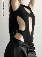 Gothic tops Y2k clothes sexy spicy hollow out bodysuit nigh clubwearr ashion women's patchwork slim fitting jumpsuit top tees