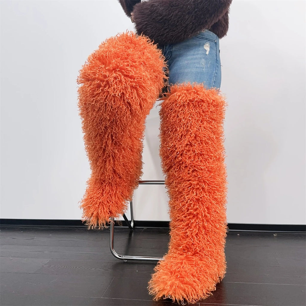 Womens Faux Mongolian Thigh Highs Faux Fur Boots Winter Warm Tall Fur boots