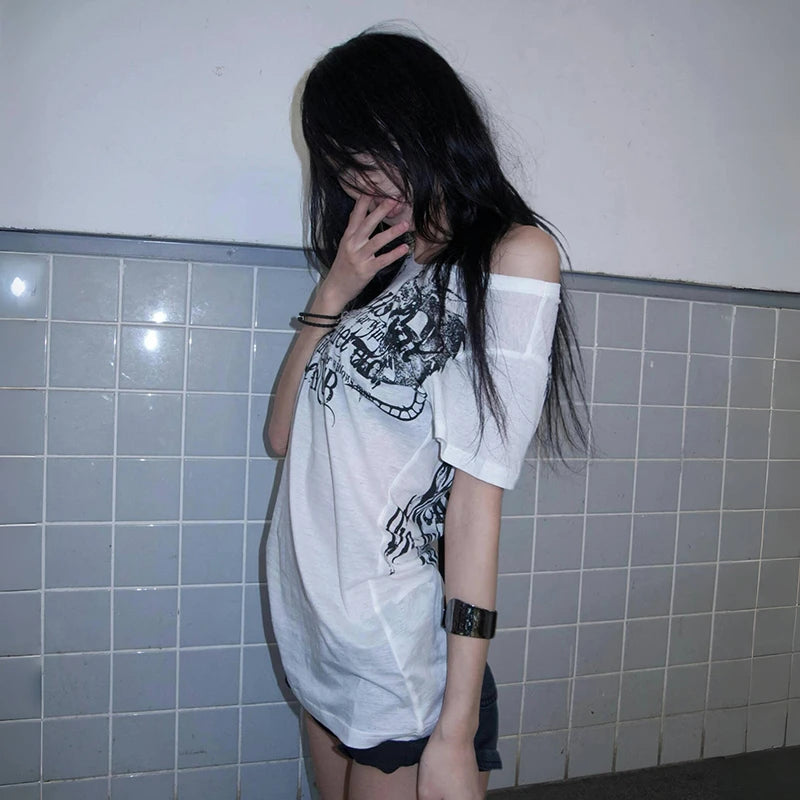 Karrram Japanese Y2k Letter Print T-shirt Trashy 2000s Style Tattoo T Shirt Vintage Harajuku Short Sleeve Sheer Tops Grunge Goth