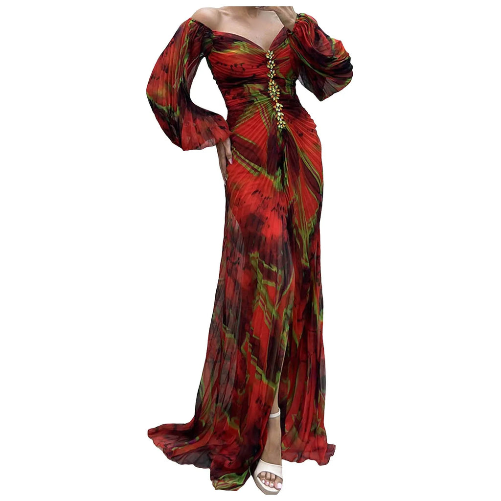 Ladies Gathering Long Sleeved Dress Pleated Slim Evening Party Dress For Women Chic Gala Graduation Dresses Vestidos Para Mujer