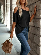 Women's Black Off Shoulder T-Shirt Asymmetrical Neck Batwing Short Sleeve Loose Fit Casual Spring Summer  Daily Commuting Top