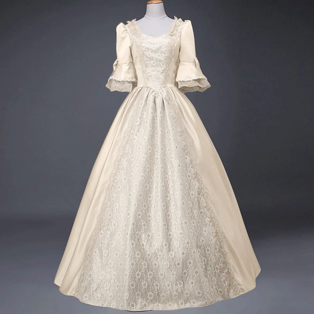 Palace Princess Queen Elegant Ball Party Formal Maxi Dress Medieval Lace Square Neck Medieval Renaissance Victorian Vestidos